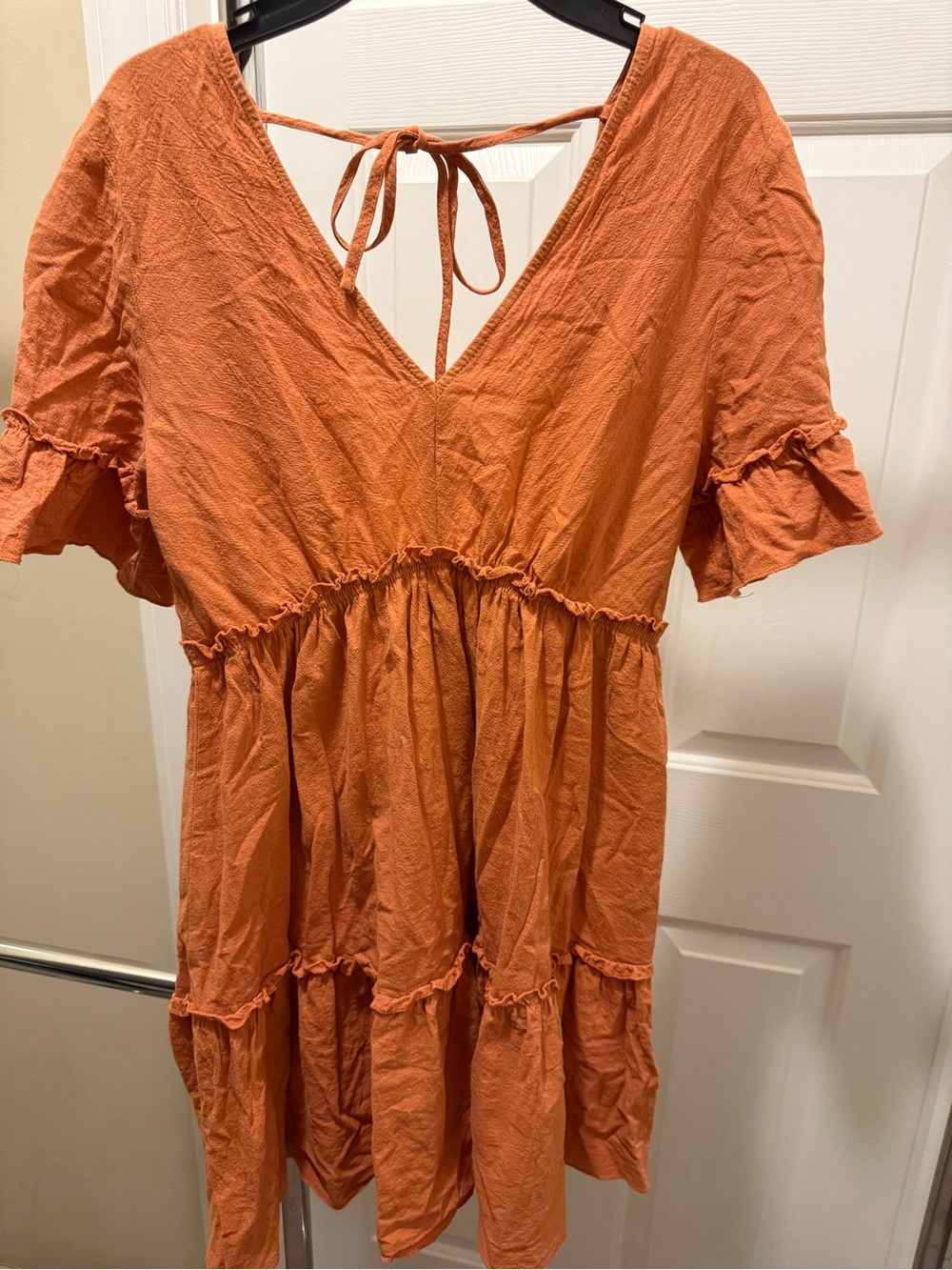 Simplee Apparel Orange Tiered V-Neck Tie-Back Dress